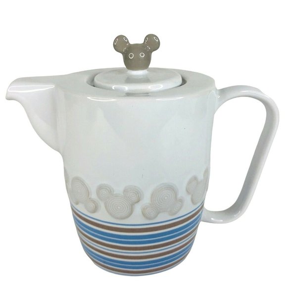 Walt Disney World Mickey Mouse Teapot Blue Brown Stripe White Thailand Unused - Picture 1 of 12